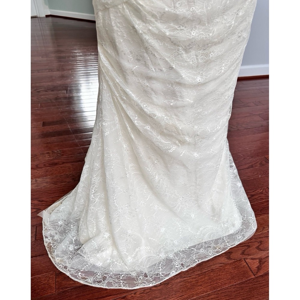 Vera Wang White Luxury Strapless Ruched Lace 3D Floral Pink Belt Wedding Dress - Picture 5 of 12